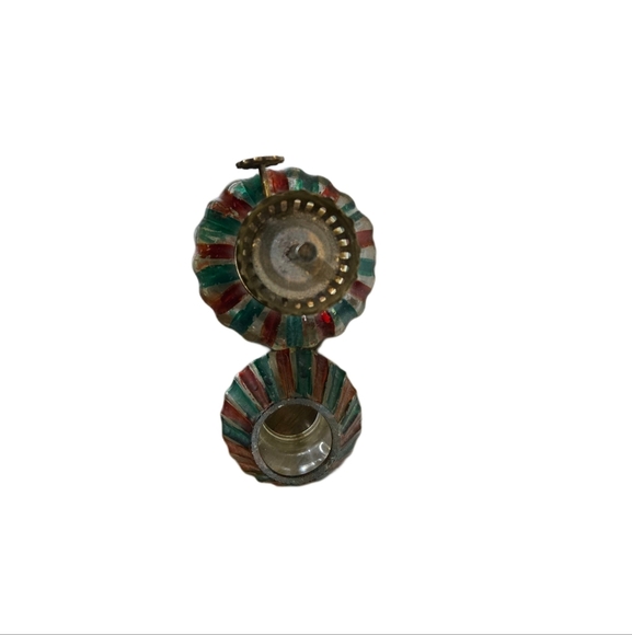 Vintage Clear Glass Green Red Stripes Tri-Footed Oil Kerosene Huricane Lamp 6" - Picture 5 of 6